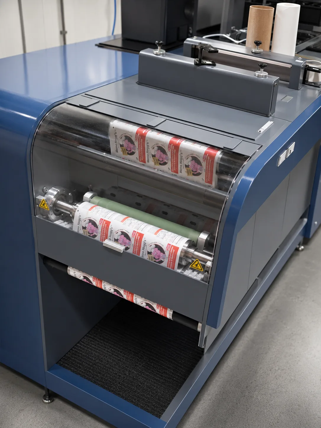 Custom labels running through production equipment at WD Labels