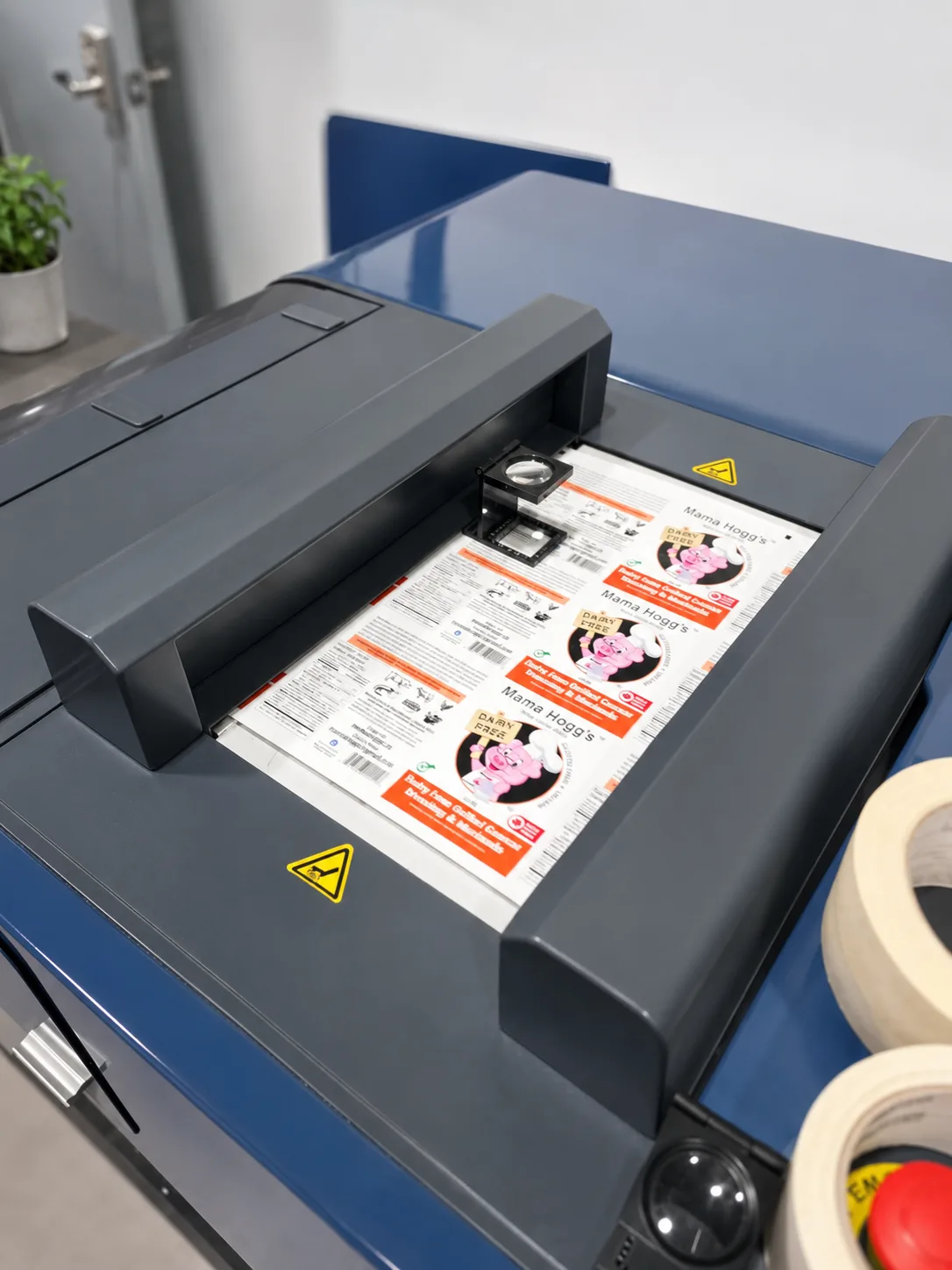 Printed labels being inspected before production is completed