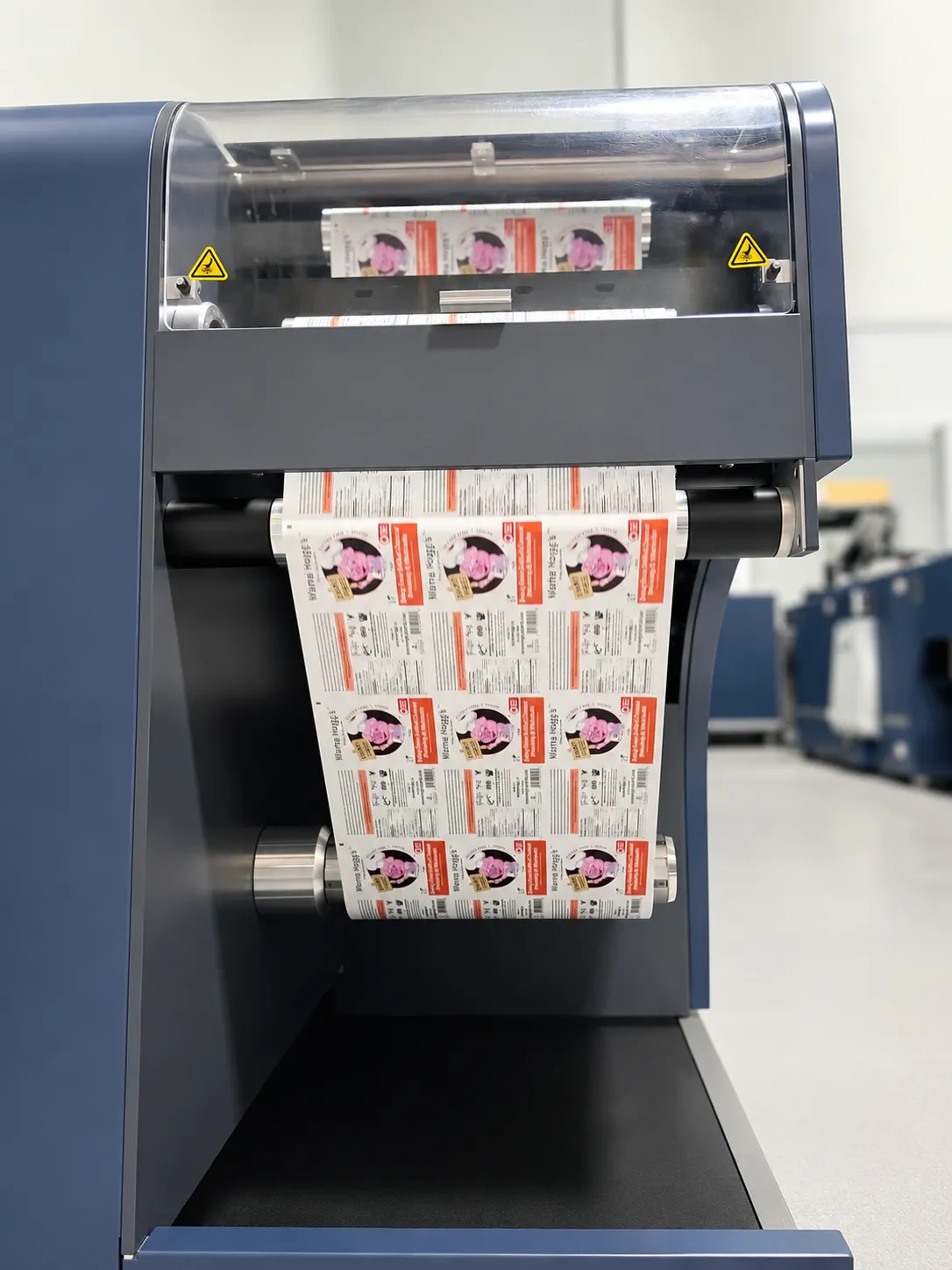 Printed labels moving through WD Labels production equipment